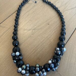 VINTAGE STERLING PEARL ONYX CLUSTER BIB COLLAR NECKLACE 18 inch